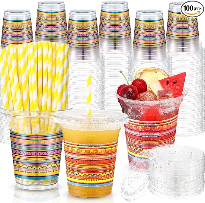 Jingmore 100 Pack 12 oz Fiesta Plastic Cups with Lids and Paper Straws Mexican Clear Disposable Cups Bulk Cinco De Mayo Party Decorations for Fiesta Taco Birthday Party Drinkware Supplies