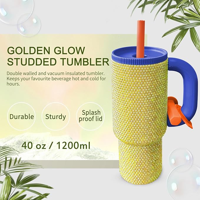 HWISDMIG 40oz Tumbler with Handle-Glitter Rhinestones Tumbler Bling Cups Stainless Steel Water Bottle Diamond Studded Tumbler for Women-Birthday Gifts for Women, Mom, Girlfriend (Golden Glow)