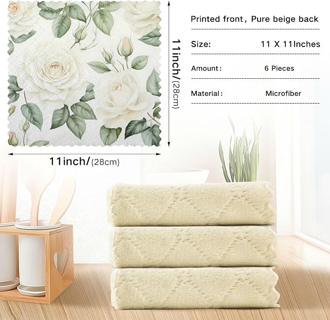senya Kitchen Dishcloths, White Rose Flower Cloth Dish Towels 6 Pack Super Absorbent Dishtowels Reusable Cleaning Cloths