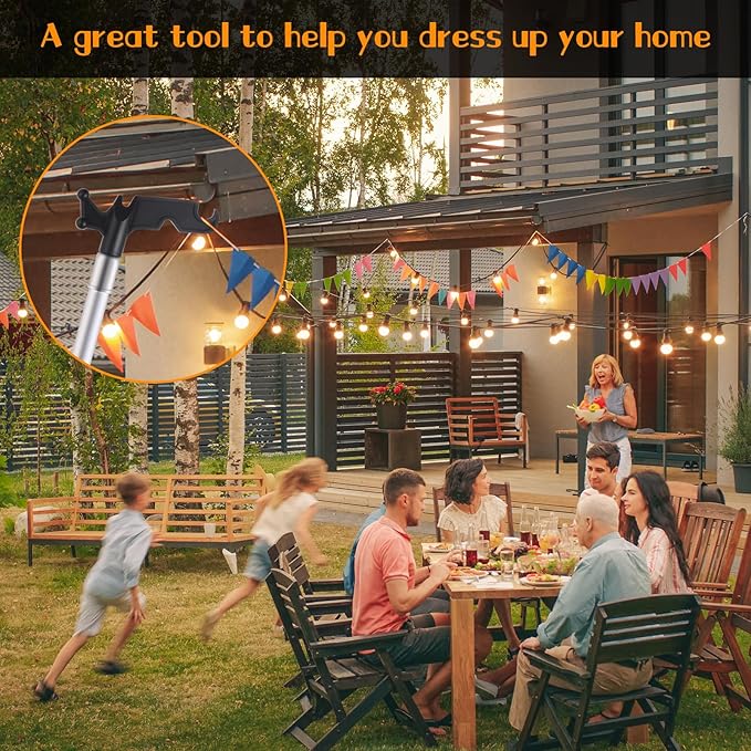 5-24ft Long Telescopic Extension Pole with Utility Hook, Ladderless christmas light pole hanger tool Installing and Hanging String Lights/Birdfeeders, cleaning High Places, Lightweight and Sturdy