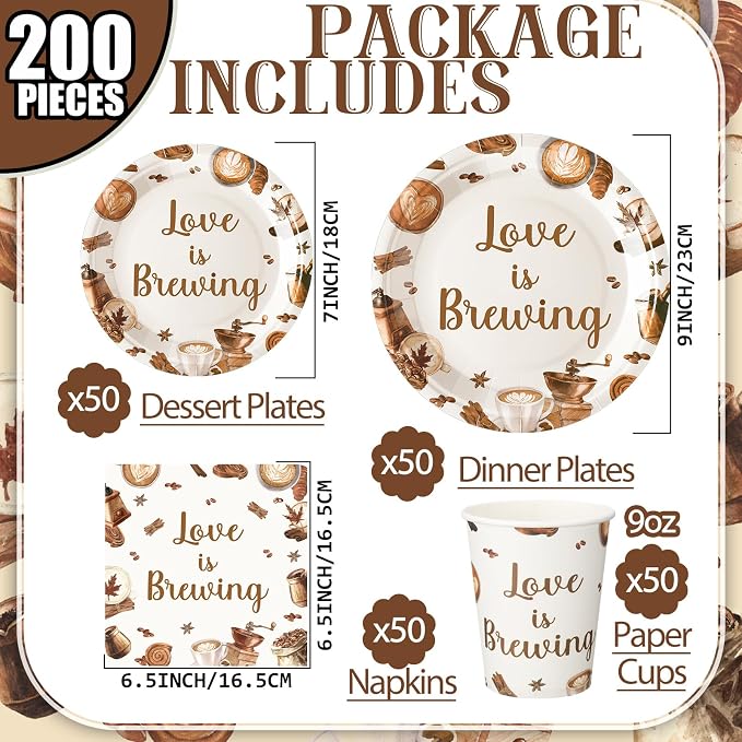 Zhehao 200 Pcs Bridal Shower Plates Napkins Sets Love is Brewing Coffee Bridal Shower Decoration Wedding Shower Decorations Wedding Paper Plates Engagement Bachelorette Supplies, Serve 50