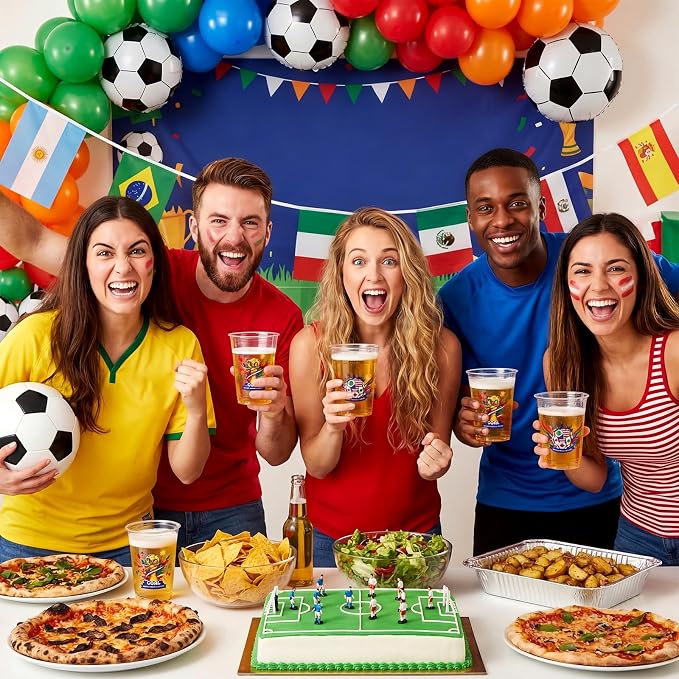 Jingmore 50 Pcs Soccer Plastic Cups 12 oz International Countries Soccer Disposable Plastic Cups Thick Clear Drinkware for Sports Games Party Supplies (Goal Trophy)