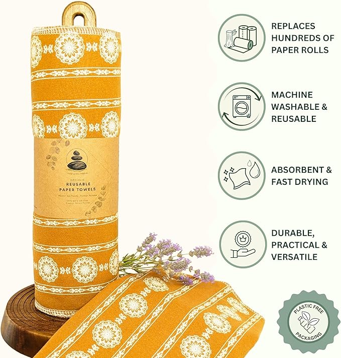 Reusable Paper Towels | 24-Pack Vintage French Country Lace in Gold Ochre | Organic Cotton Flannel | Paperless Towels with Wash Bag & Tube for Zero Waste Kitchen