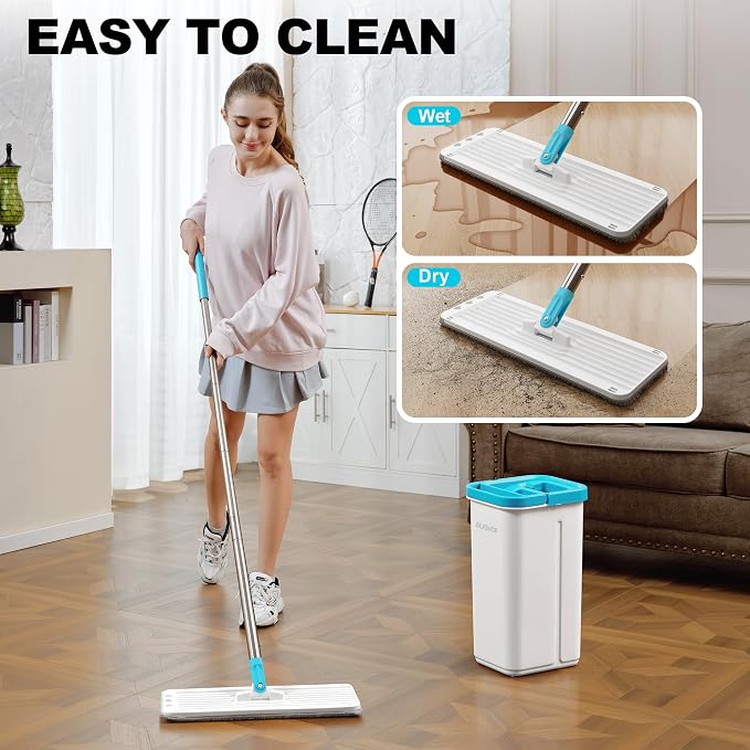 Mop and Bucket Set, 60" Long Handle Mops for Floor Cleaning, Squeeze Flat Mop and Bucket System, Dry & Wet Wall Mop Cleaner for Household Cleaning with 4 Microfiber Mops, Turquoise-Cyan