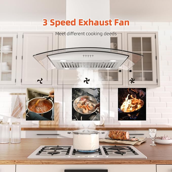 FIREGAS Island Range Hood 30 inch with 700 CFM, Ceiling Mount Kitchen Vent Hood Ducted/Ductless Convertible, Stainless steel stove hood with 3 speed fan, 4 lights, Tempered Glasss, Charcoal Filters