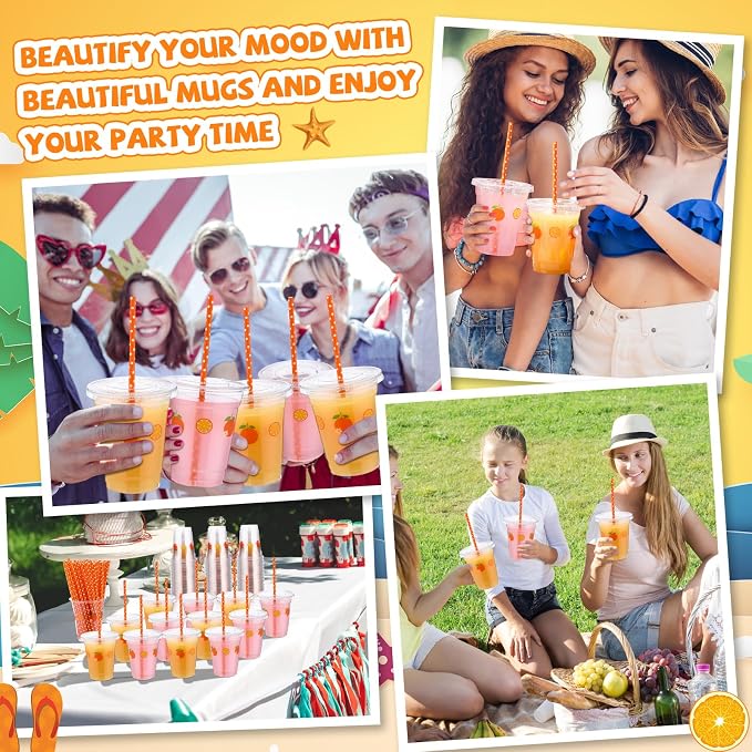 Blushtier 100 Set 12 oz Orange Disposable Plastic Cups with Lids and Straws Transparent Orange Watermelon Party Cups for Juice Water Coffee Tea Birthday Summer Fruit Party Supplies