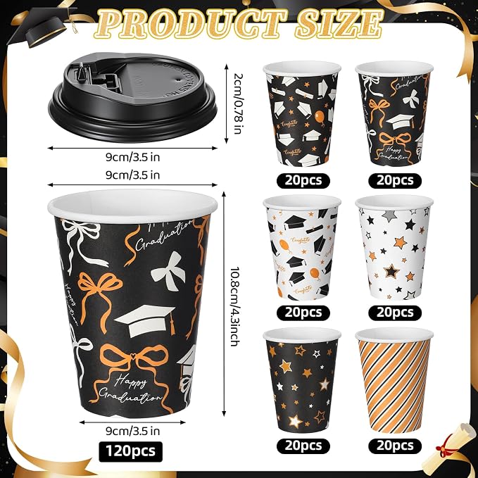 FoldTier 100 Pcs Class of 2026 Graduation Disposable Coffee Cups with Lids 12 oz Graduation Paper Cups Black White Gold Disposable Party Drinkware for Hot Cold Beverages