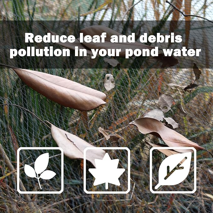 POYEE 10x10ft Pond Netting for Leaves Leaf Net Cover Pond Net with Small Fine Mesh Protecting Koi Fish from Birds Cats Stakes Included