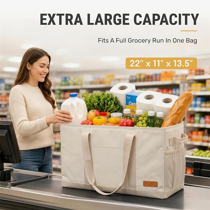 WONDAY Extra Large Utility Tote Bag - Standing Reusable Grocery Bag with Handle, Collapsible Storage for Shopping, Beach