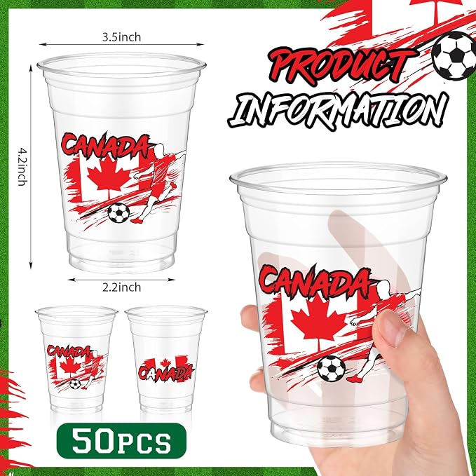 Jingmore 50 Pcs Soccer Plastic Cups 12 oz International Countries Soccer Disposable Plastic Cups Thick Clear Drinkware for Sports Games Party Supplies (Canada)