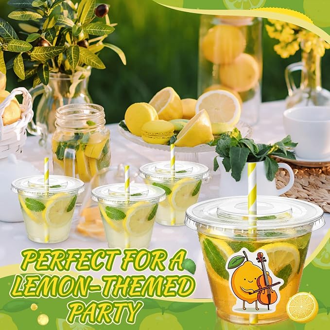 100 Pcs 9 oz Lemonade Stand Supplies, Lemonade Plastic Cups with Flat Lids Straws & Lemon Stickers, Clear Cold Beverage Paty Cup for Summer Birthday Party Lemon Decoration