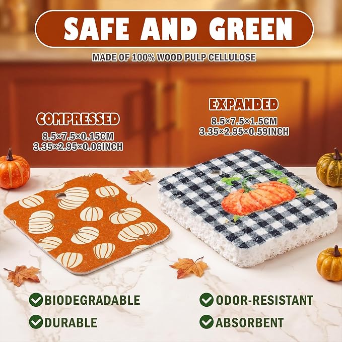 Hahafelt 36 Pack Fall Pumpkin Compressed Cellulose Sponges Bulk Pop up Autumn Natural Kitchen Compostable Non Scratch Dish Sponges for Washing Dishes, Cleaning Countertop Sink