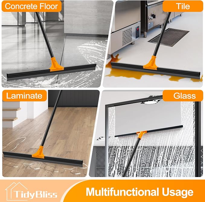 TidyBliss 30” Large Floor Squeegee Broom, Heavy Duty Rubber Foam Water Scraper, Epoxy Wiper Mop with 58.3 inches Long Handle for Cleaning Concrete Pool Rug Garage Deck Shower Window Outdoor (Orange)