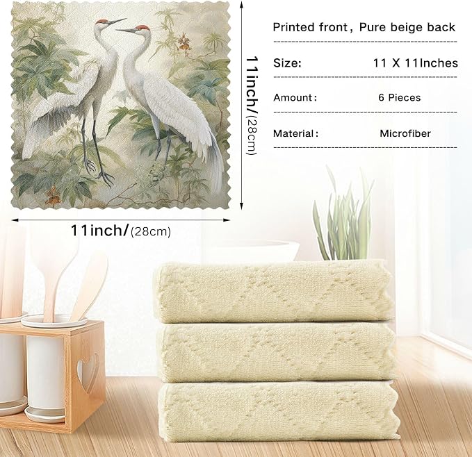 ALAZA Dish Towels Kitchen Cleaning Cloths Crane Birds Dish Cloths Absorbent Kitchen Towels Lint Free Bar Tea Soft Towel Kitchen Accessories Set of 6,11"x11"