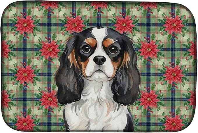 Caroline's Treasures Tricolor Cavalier Spaniel Christmas PoinsettIas Dish Drying Mat Absorbent Dish Drying Mat Pad for Kitchen Counter Dish Drainer Mat for Countertop, 14 x 21", Multicolor