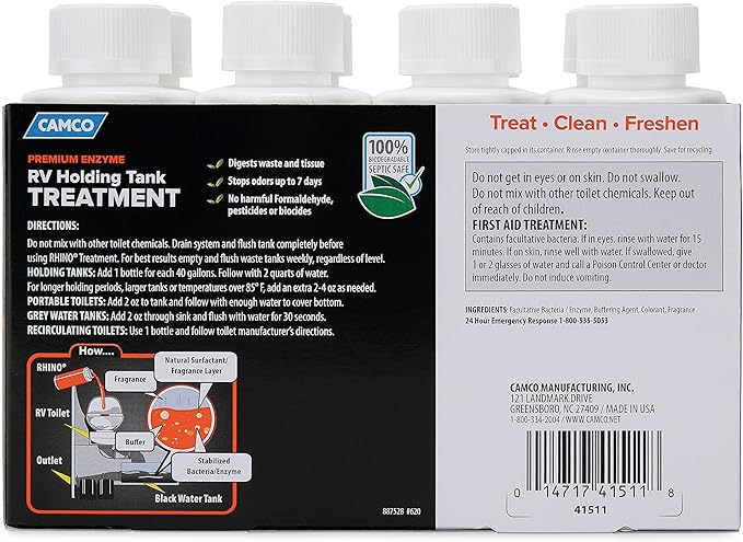 Camco RhinoFLEX Premium Enzyme RV Holding Tank Treatment Singles | Features a Biodegradable Septic Safe Formula, a Pine Scent, and is Ideal for RVing, Boating, and More | (8) 4 oz Bottles (41511)