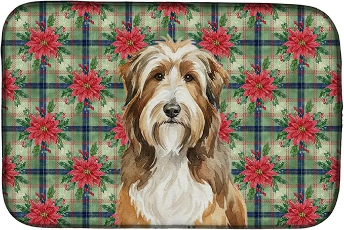 Caroline's Treasures Brown Bearded Collie Christmas PoinsettIas Dish Drying Mat Absorbent Dish Drying Mat Pad for Kitchen Counter Dish Drainer Mat for Countertop, 14 x 21", Multicolor