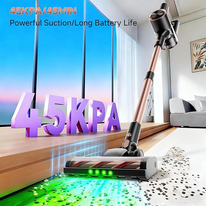 Cordless Stick Vacuum Cleaner - 45KPA Powerful Suction Vacuum with 45 Min Runtime, Detachable Battery, Anti-Tangle & 1.5L Dust Cup, 8 in 1 Vacuum Cleaner for Pet Hair, Carpet, HardFloor, Gold