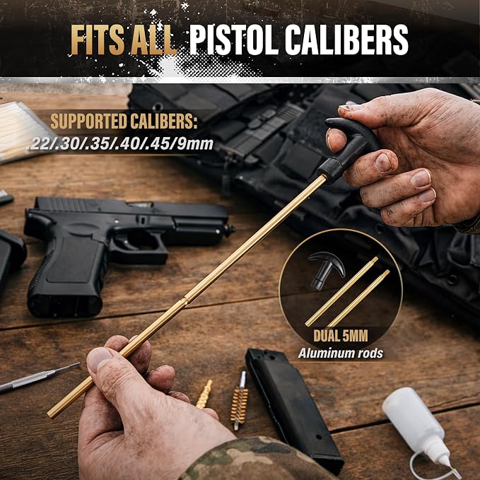 GLORYFIRE Universal Gun Cleaning Kit Fits .22 .357/9mm .38 .40 .45 Cal Handguns & Pistols Compact Carrying Case for Portability Multiple Styles with Brass or Plastic Jags & Tips for Shooting and Range
