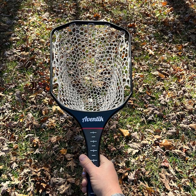Aventik Floating Fly Fishing Net Carbon Fiber Square Landing Net with Accurate Measuring Handle Clear Rubber Ghost Mesh for Professional Trout Fishing Catch & Release