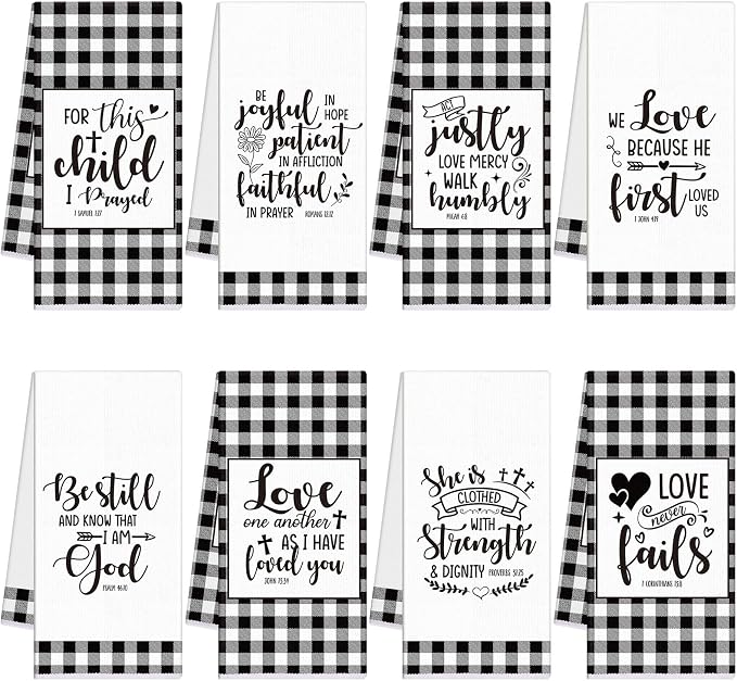 Hahafelt 8 Pcs Bible Verse Kitchen Towels Religious Christian Mother's Day Kitchen Gifts Black and White Check Dish Tea Towels Scripture Dishcloths for Women Men Bathroom Home Housewarming