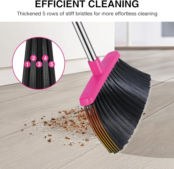 NACENA Broom and Dustpan Set, 52-in Long Adjustable Handle Broom Dustpan Combo with Dust pan Teeth to Automatically Clean Hair Suitable for Home Kitchen Office Hall Floor (Grey&Rose), 2 Pack