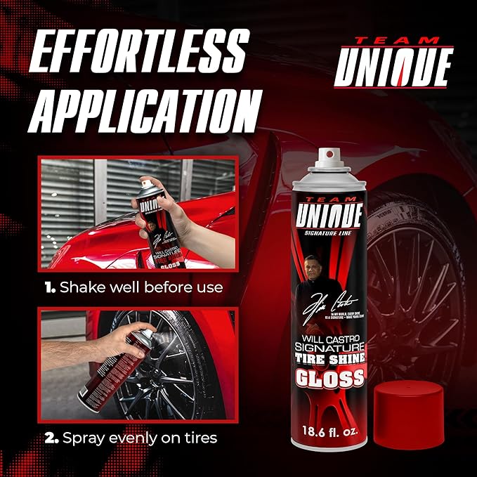 TEAM UNIQUE Tire Shine Gloss – 18.6 fl oz (Pack of 12) | High-Gloss Tire Shine Spray | UV Protection Against Cracking & Fading | Non-Greasy, Low-Sling Formula for Cars, Trucks & SUVs
