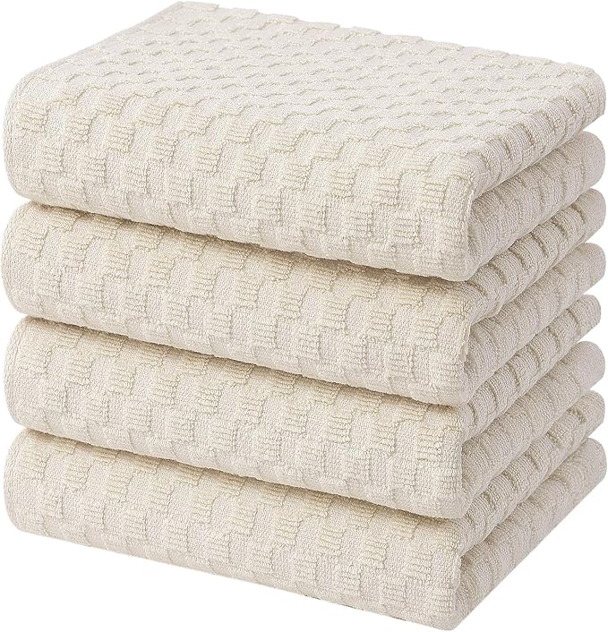 Homaxy 100% Cotton Terry Kitchen Towels(15" x 25", 4 Pack), Soft and Super Absorbent Dish Towels, 380 GSM Reusable Tea Towel with Hanging Loop, Pineapple Grid Designed, Beige