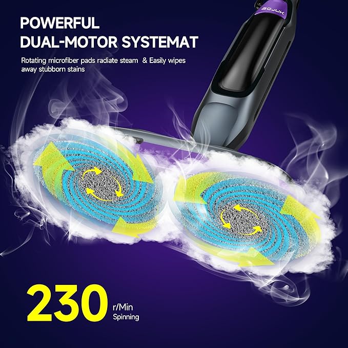 Scrub & Steam Mop with Rotating Mop Pads, LED Headlights, 6 Scrub Pads, Large Tank, Swivel Steering, Effortless Scrubbing Hard Floor Cleaner Upgraded