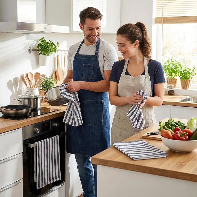 Marubhumi Premium Cotton Kitchen Dish Towels, 10-Pack – Ultra Absorbent & Lint-Free Kitchen Dish Towels – Large 45x70 cm – Modern Gray & White Hand Towels for Cooking, Drying, and Cleaning