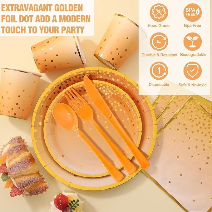 175PCS Orange Party Supplies, Fall Paper Plates and Napkins, Orange Paper Plates for Birthday, Fall Party Decorations, Thanksgiving Day, Serve 25 Guests