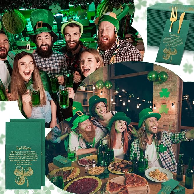 Tenceur 50 Pcs St. Patrick's Day Irish Blessing Paper Napkins 16x16'' Disposable Green Paper Napkins with Built in Flatware Pocket for Family Dinner Party Supplies Restaurants Daily Dinners
