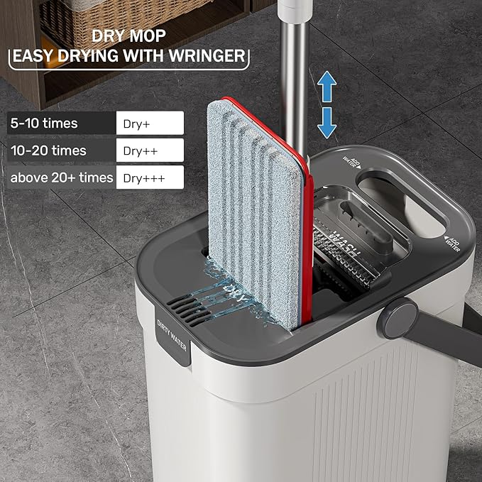 HoMettler Mop and Bucket Set, 3-Tank Flat Mop and Bucket System for Separate Dirty & Clean Water, 65" Mops for Floor Cleaning with 4 Washable Pads, Safe for Hardwood, Vinyl, Tile, Baseboards, Walls