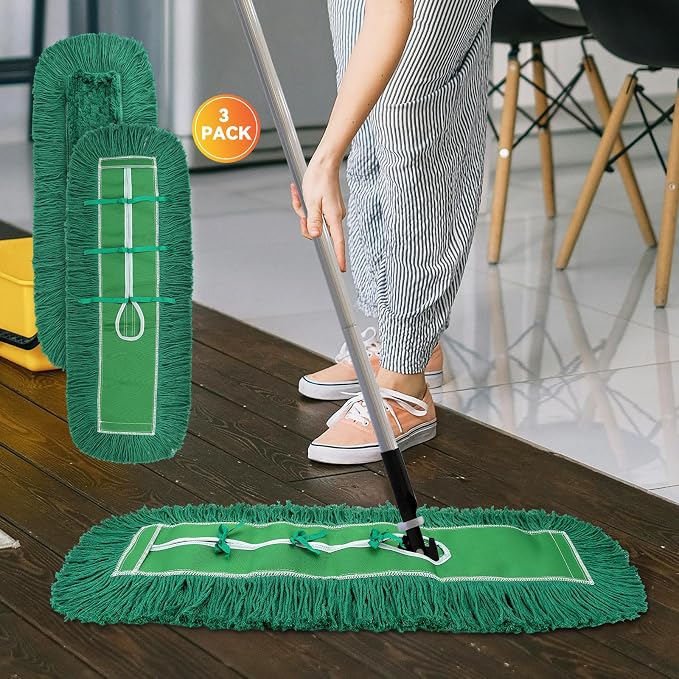 36 Inch Dust Mop Head: Replacement Medium Washable Commercial Mop Head Sweeper and Janitorial Replacement Green (Green - 36 Inch, 3 Pack)