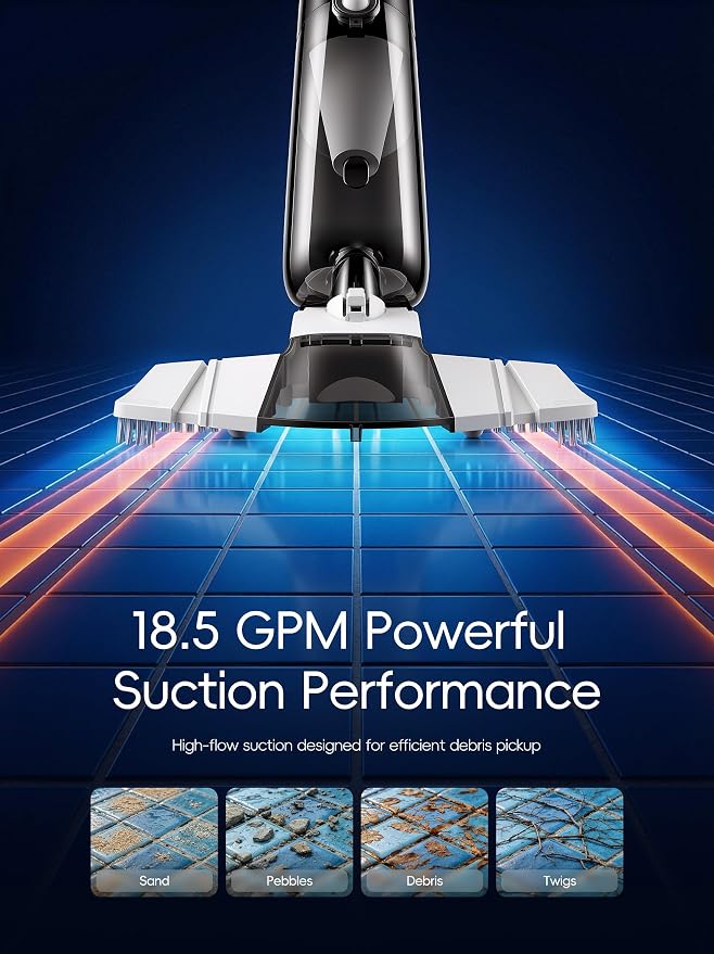 Cordless Pool Vacuum for Above Ground & Inground Pools, Handheld Swimming Pool Vacuum with Curve-Adaptive Vacuum Head, Removes Sand, Leaves & Debris, 18.5 GPM High-Flow Suction, 1-Hour Cleaning