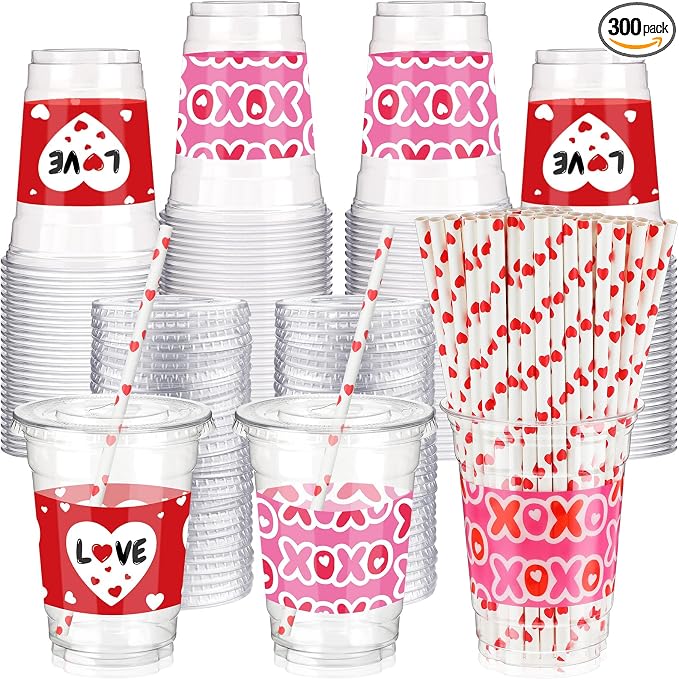 Yaomiao 300 Pcs 12 oz Valentine's Day Plastic Party Cups with Lids and Straw Valentine's Day Plastic Cup Heart Disposable Clear Tumbler Red Pink Disposable Drinking Set for Party Supply