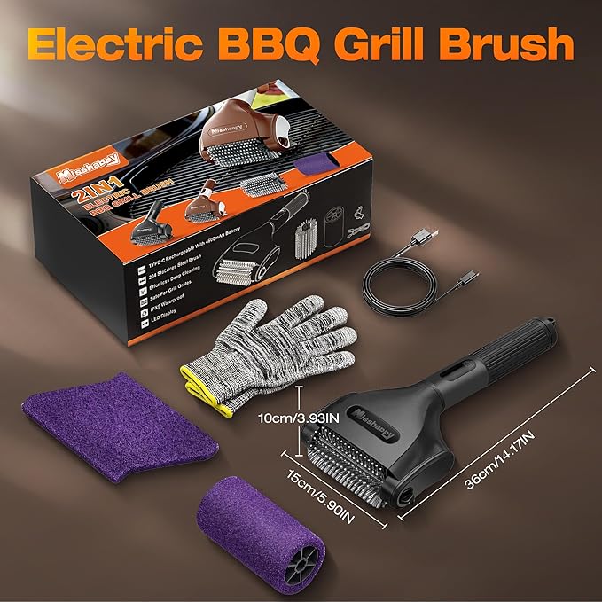 Misshappy Electric BBQ Grill Brush - 4000mAh Cordless BBQ Grill Cleaner 2 Speed - 800RPM Bristle Free Electric Grill Cleaner for Outdoor Grill Rechargeable with Scraper/LED Light/LED Display (Black)