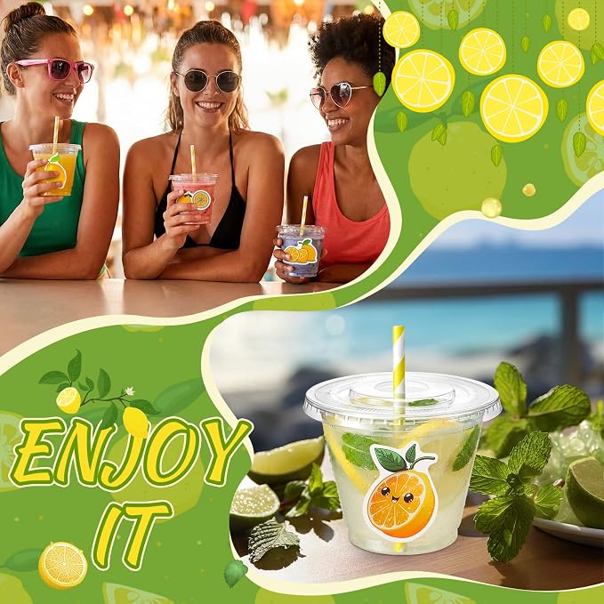 100 Pcs 9 oz Lemonade Stand Supplies, Lemonade Plastic Cups with Flat Lids Straws & Lemon Stickers, Clear Cold Beverage Paty Cup for Summer Birthday Party Lemon Decoration