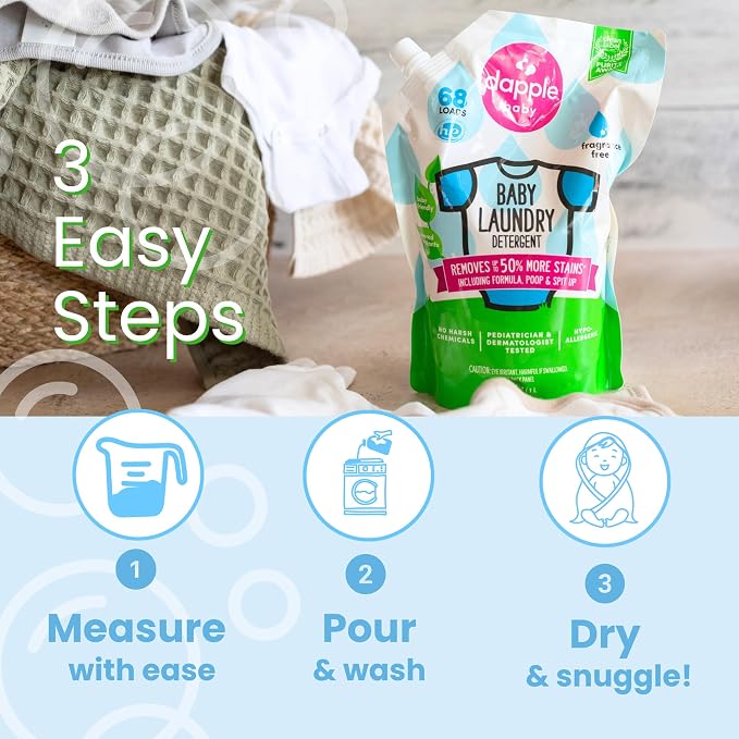 Dapple Baby Laundry Detergent, Powered by Plants, Concentrated, Hypoallergenic, Fragrance Free, Eco-Friendly Pouch, Stain Remover, 34 Fl Oz (3 Pack)