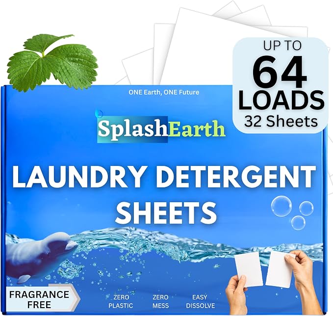 Fragrance-Free Laundry Detergent Sheets, 64 Loads, Laundry Sheets for HE & Standard Washers, Plastic-Free Packaging