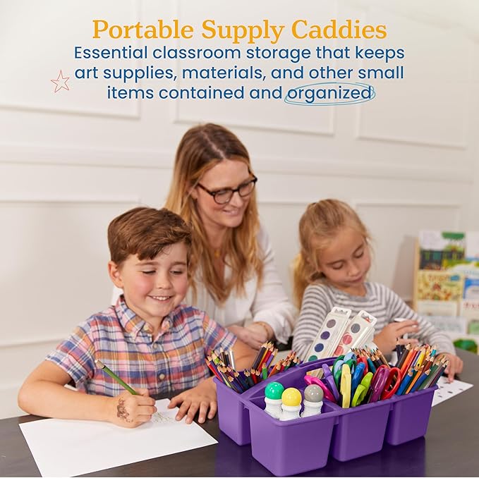ECR4Kids 6-Compartment Large Plastic Caddy, Multipurpose Organization, Primary, 6-Pack