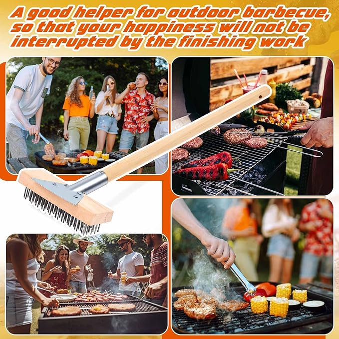 1 Pcs Stainless Steel Grill Brushes, Commercial Grill Scraper with 30'' Long Wooden Handle Oven Charbroiler Cleaning Brush for Outdoor Kitchens BBQ Restaurants