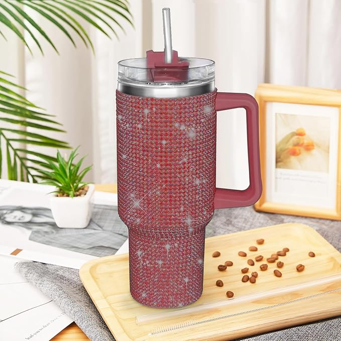 HWISDMIG 40oz Tumbler with Handle-Glitter Rhinestones Tumbler Bling Cups Stainless Steel Water Bottle Diamond Studded Tumbler for Women-Birthday Gifts for Women, Mom, Girlfriend (Wine Red)