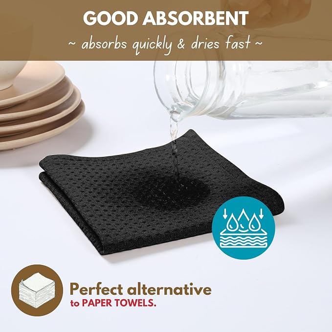 Native Fab Cotton Kitchen Towel & Dishcloths Set - 8 Pieces, Ultra Absorbent, Washable, Quick Drying, Durable Towels for Cooking, Cleaning, Baking - Ideal for Home, Restaurants, Cafes - Black