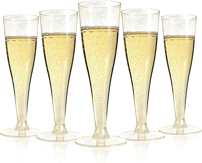 Bestluck 25 Pack Champagne Flutes Plastic, 4.5 oz Gold Glitter Plastic Disposable Stemware, Disposable Champagne Flutes for Party, Mimosa Bar, Wedding, Anniversary and Graduation