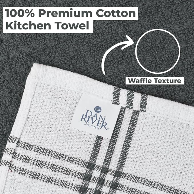 DAN RIVER Premium Grey Kitchen Towels - [Pack of 6] 100% Cotton (16x 26 Inches) -Super Soft, Highly Absorbent Hand Towels, Quick Dry, Dish Towels, Tea and Bar Towels Set