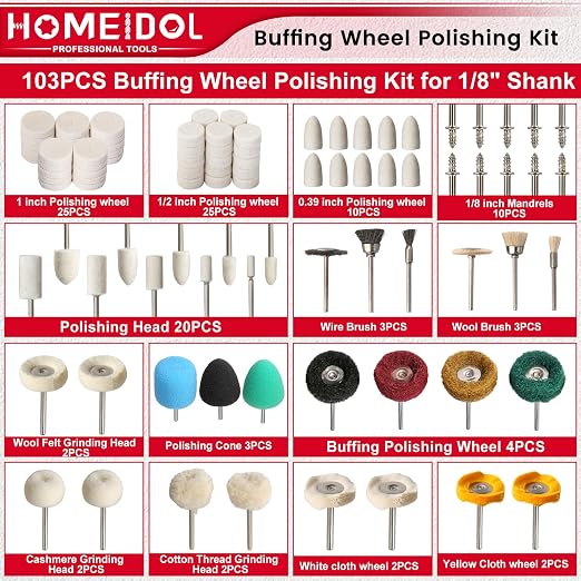 103PCS Buffing Wheel for Dremel Polishing Kit, HOMEIDOL 1/8" Shank Polishing Wheel for Dremel Tool Accessories, Abrasive Wheel Buffing Wire Brush Woolen Brush Rotary Polish Bits