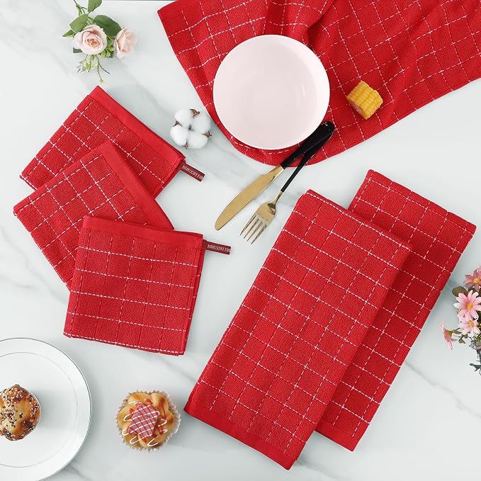 Homaxy Kitchen Towels and Dishcloths Set, 12 x 12 and 13 x 28 Inches, Set of 10 Bulk Cotton Terry Kitchen Towels Set, Checkered Designed, Soft and Super Absorbent Dish Towels, Red
