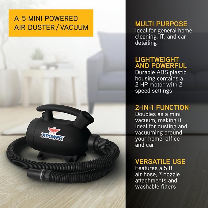 XPOWER A-5 Electric Air Duster for Dusting, Drying, Inflating, Blowing, Vacuuming, Car Detailing, Computer, Leaf Blowing, 100 CFM, 5 Nozzles + 2 Brushes, High Performance Motor, Eco-Friendly
