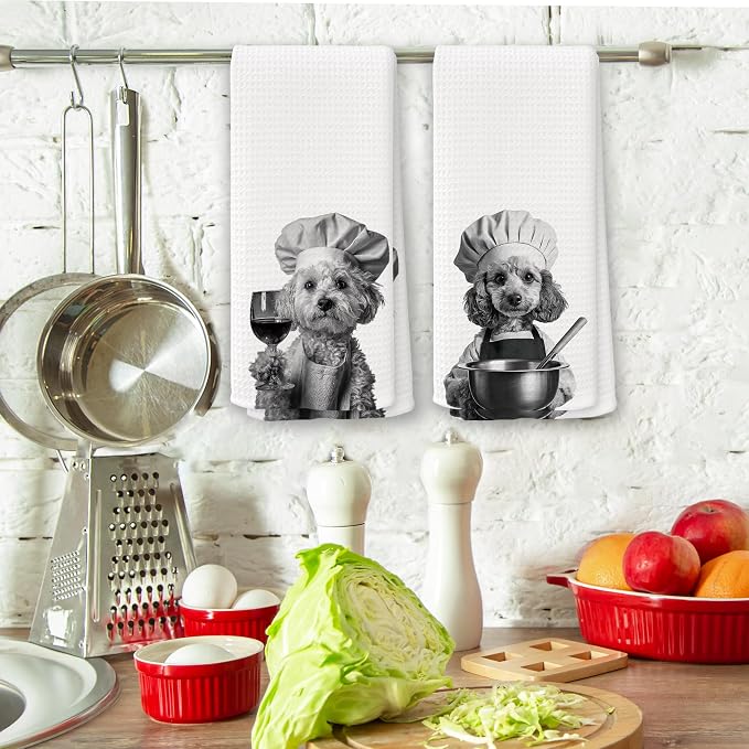 Funny Chef Poodle Kitchen Towels Set of 2, Poodle Dog Gifts for Women Dish Tea Towels for Kitchen, Dog Mom Lovers Owner Gifts Decorative Hand Towel, 16x24 Inch